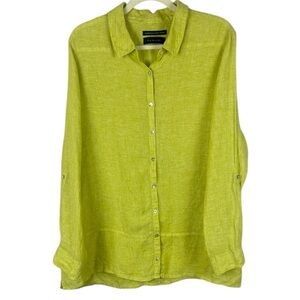 Tahari 100% Linen Oversize Vibrant Yellow Roll-Up Sleeve Blouse Size XL